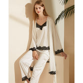 Women’s Ice Silk Lace Nightgown Set – V-Neck Suspender Top & Long Trousers Sleepwear